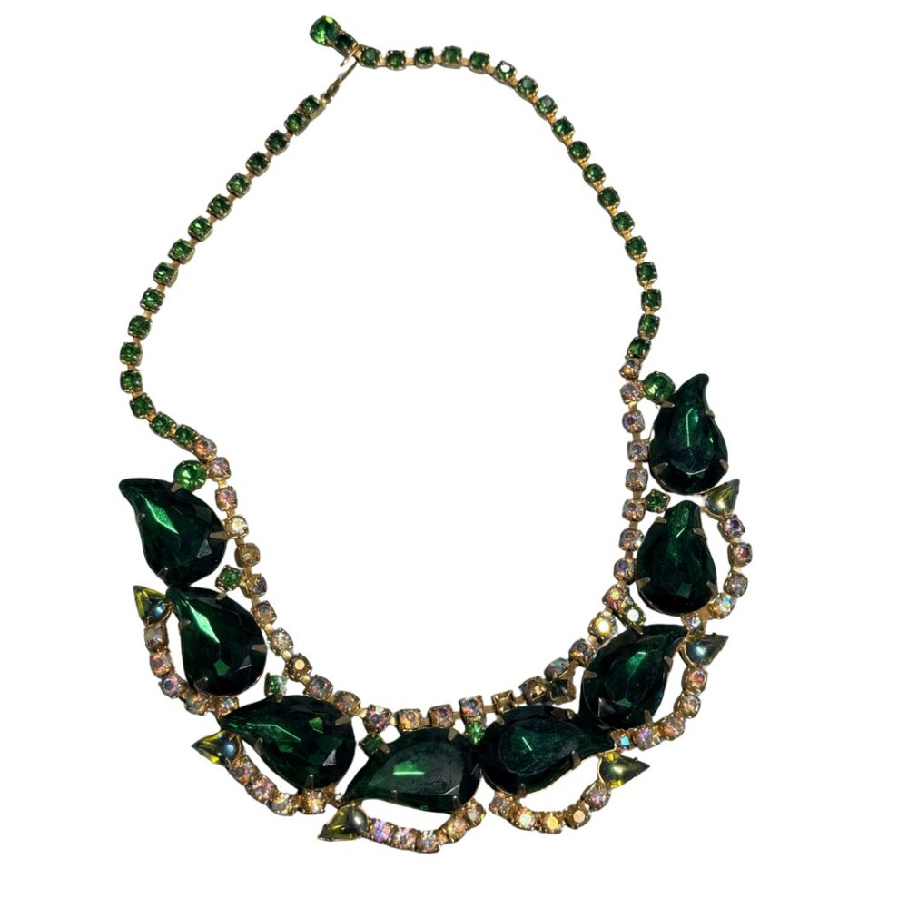 Vintage 1950s Green Navette Rhinestone Necklace with Aurora Borealis Accents